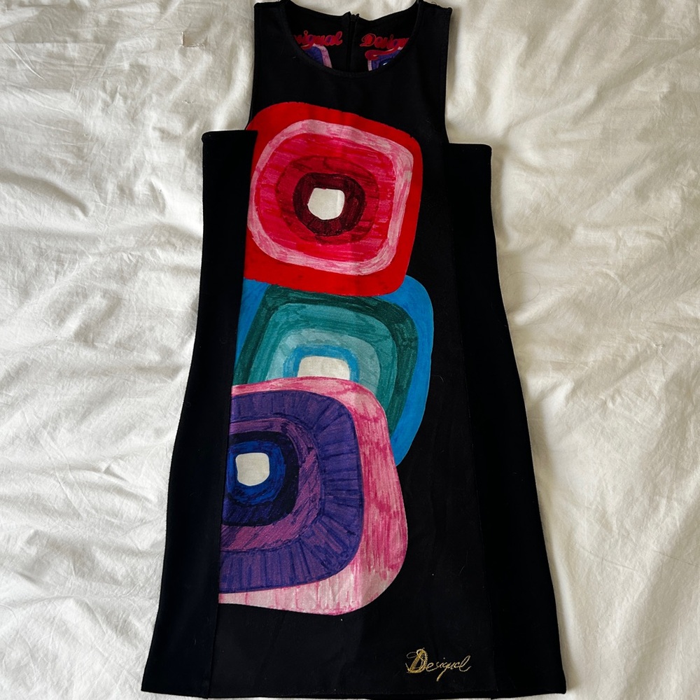 Vintage Desigual Black Dress with Bold Multicolor Design